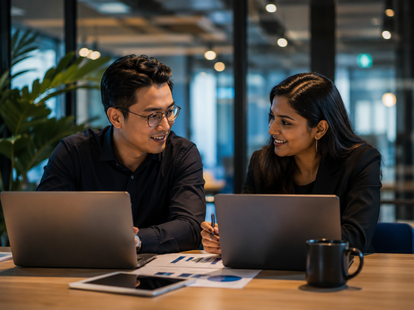 Marketing partners collaborating in a modern workspace