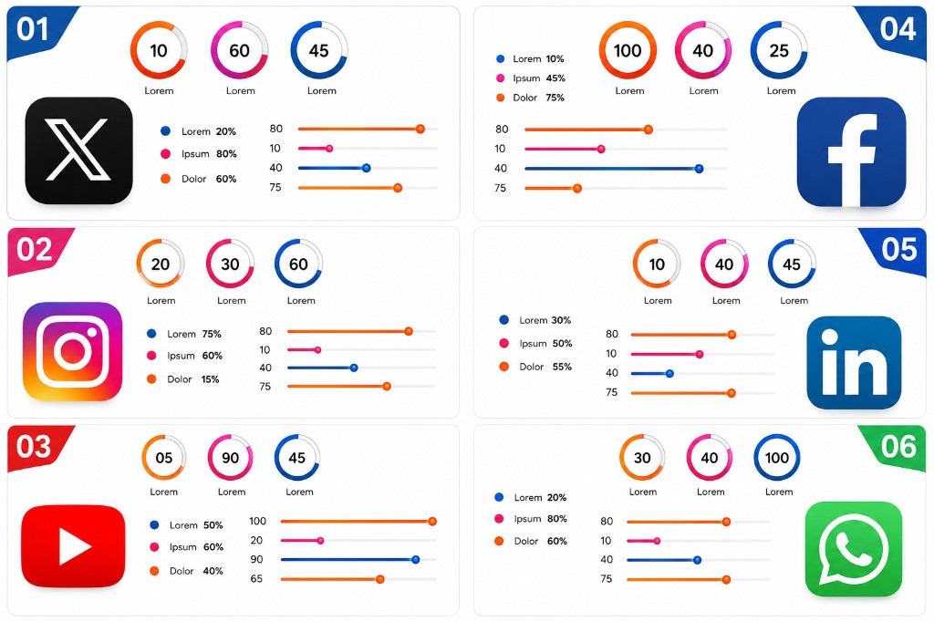 Social media analytics cards for X, Instagram, YouTube, Facebook, LinkedIn, and WhatsApp with charts and performance metrics