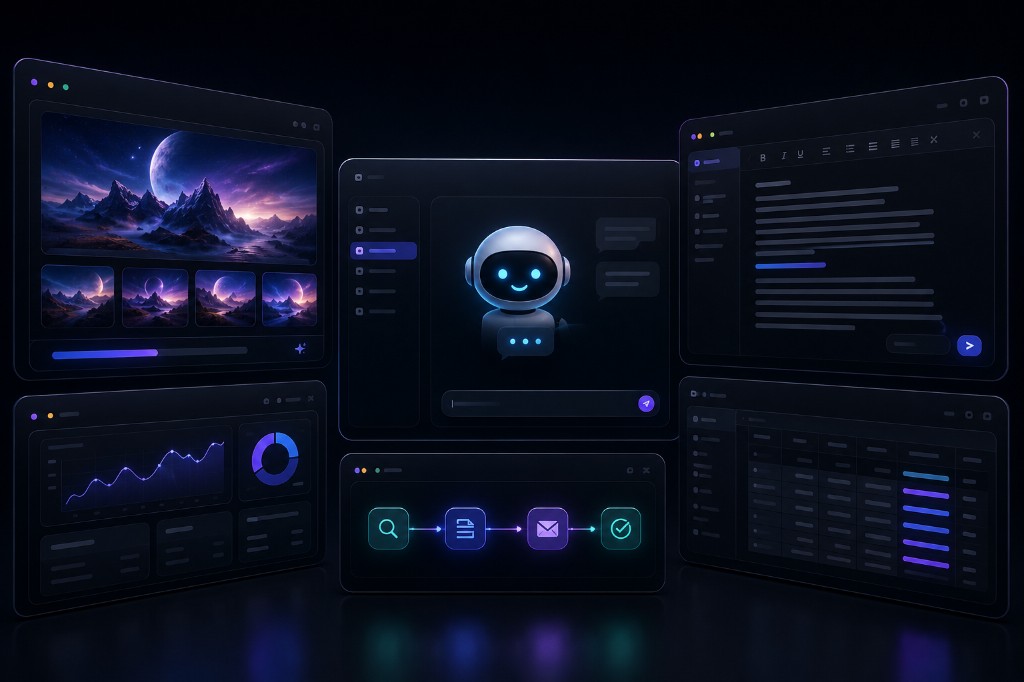 AI Worker suite of panels for chat, creative media, writing, analytics, data tables, and automated workflows