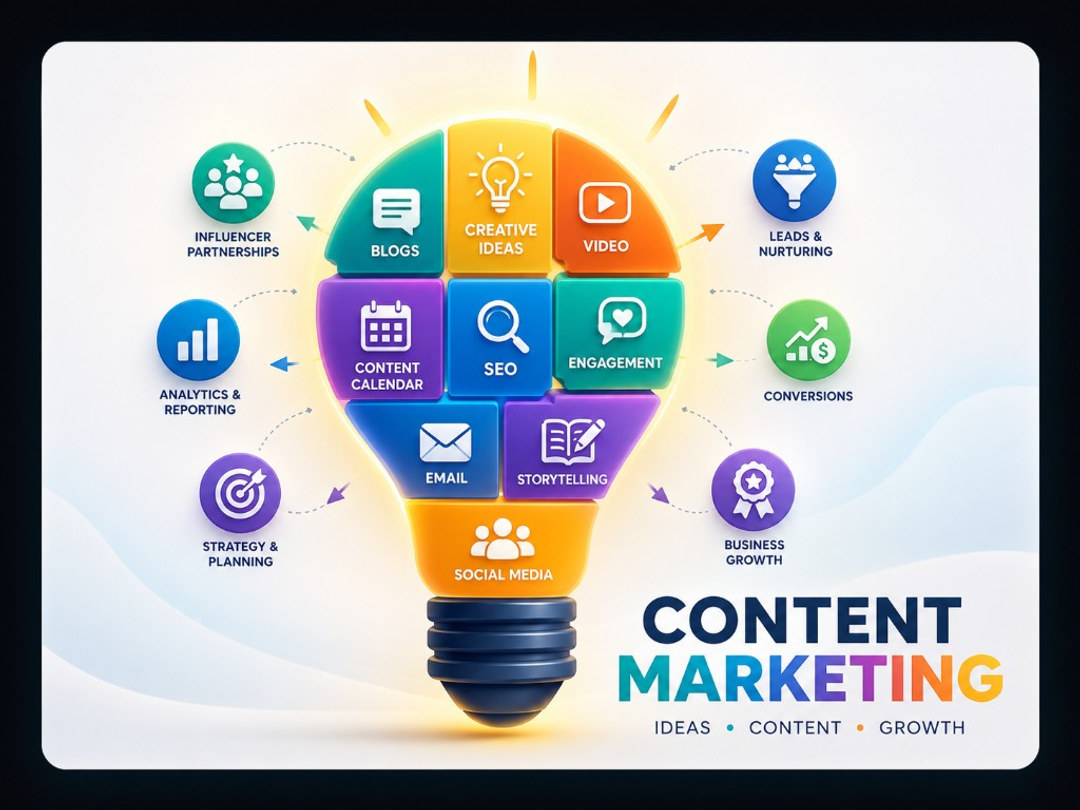 A lightbulb made of content marketing puzzle pieces — Blogs, Creative Ideas, Video, Content Calendar, SEO, Engagement, Email, Storytelling, and Social Media — surrounded by Influencer Partnerships, Analytics & Reporting, Strategy & Planning, Leads & Nurturing, Conversions, and Business Growth callouts
