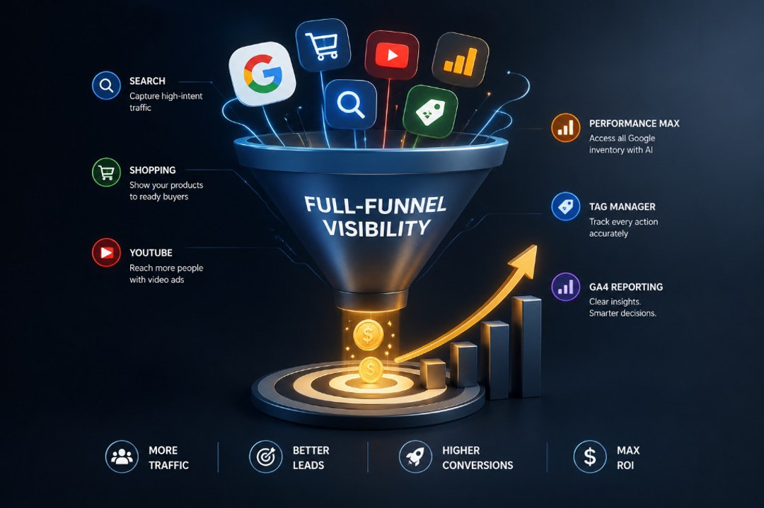 Full-funnel visibility diagram showing Search, Shopping, YouTube, Performance Max, Tag Manager, and GA4 reporting feeding a funnel that drives traffic, leads, conversions, and ROI