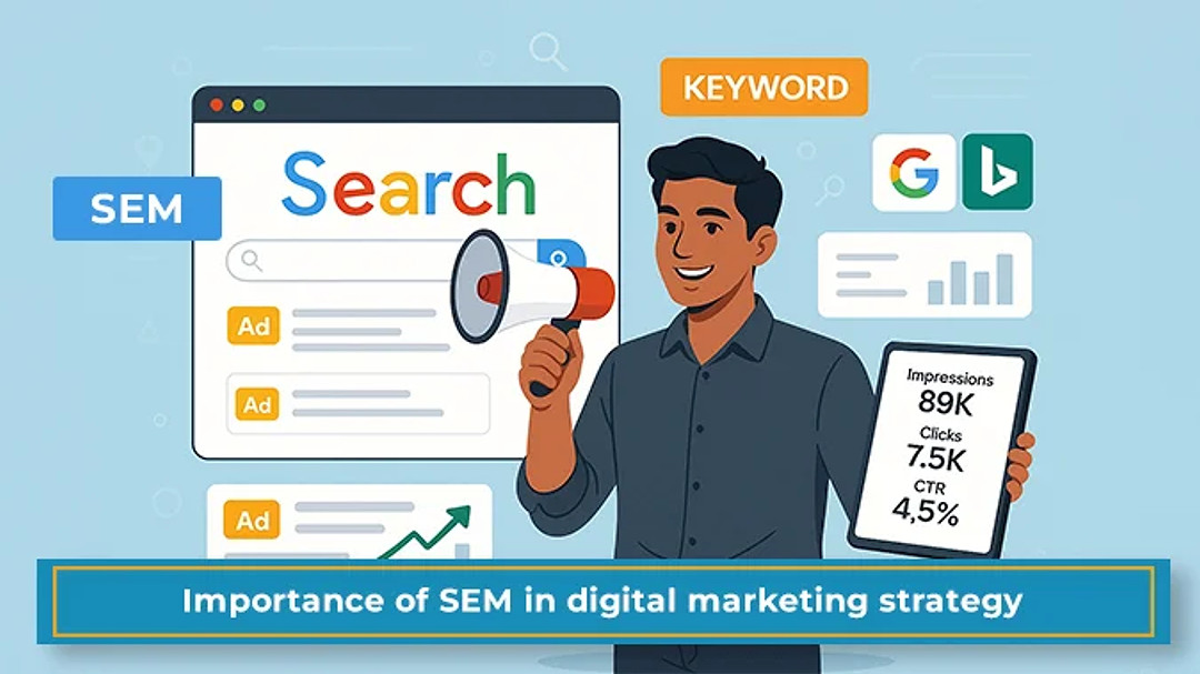 Illustration of a marketer holding a megaphone in front of a Google search results page with ads, keyword and impressions data, and the text Importance of SEM in digital marketing strategy