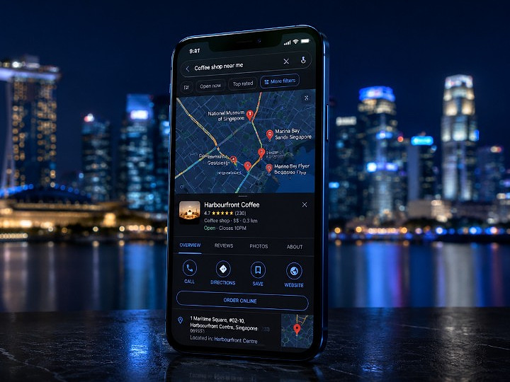 Smartphone showing Google Maps local search results against the Singapore skyline