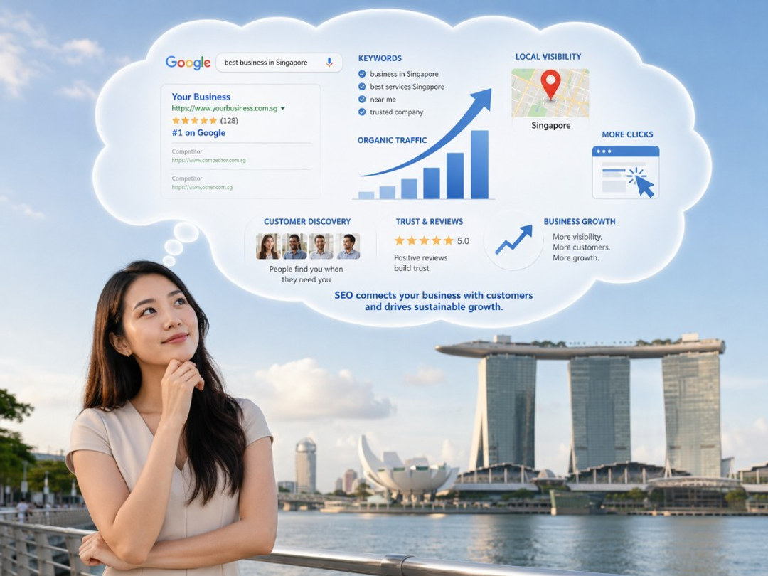 Woman looking up thoughtfully with a thought bubble showing a Google search result for a business, keywords, organic traffic growth, local visibility map, and customer trust icons, with the Singapore skyline behind her