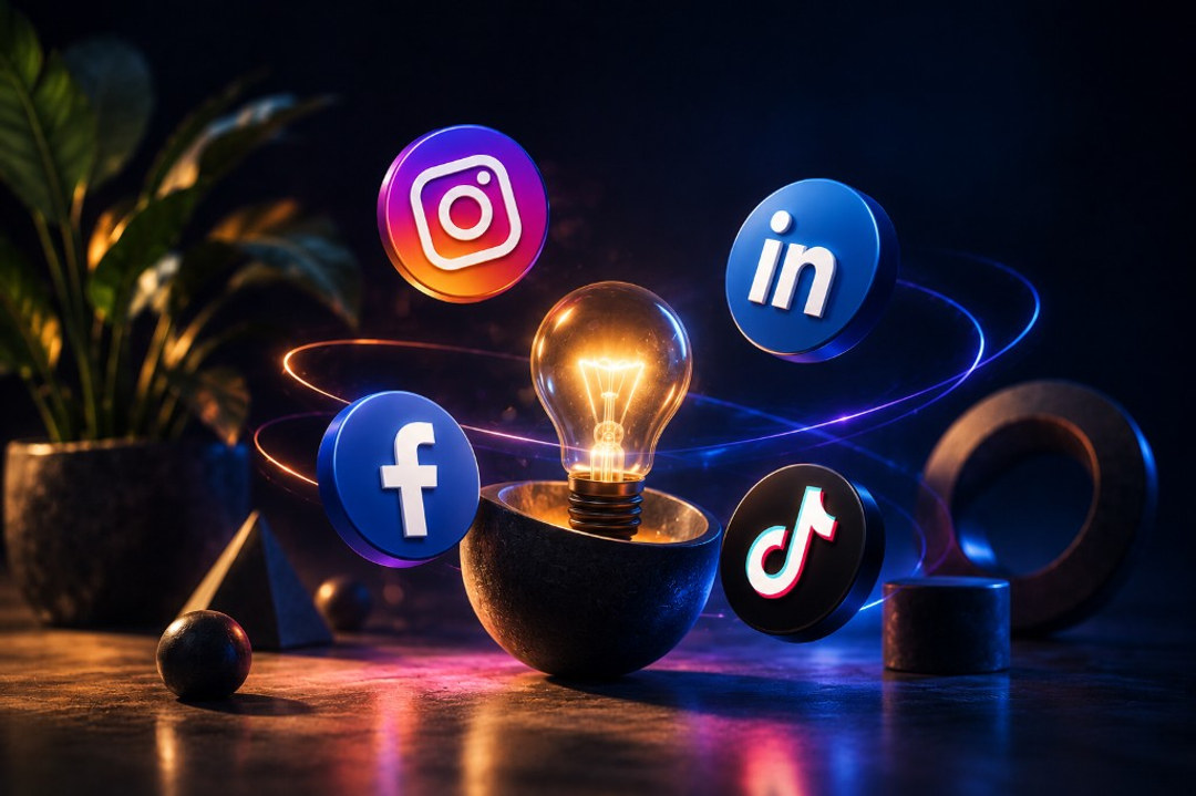 A glowing lightbulb surrounded by Instagram, Facebook, LinkedIn, and TikTok icons orbiting on light trails, representing creative platform-specific strategy