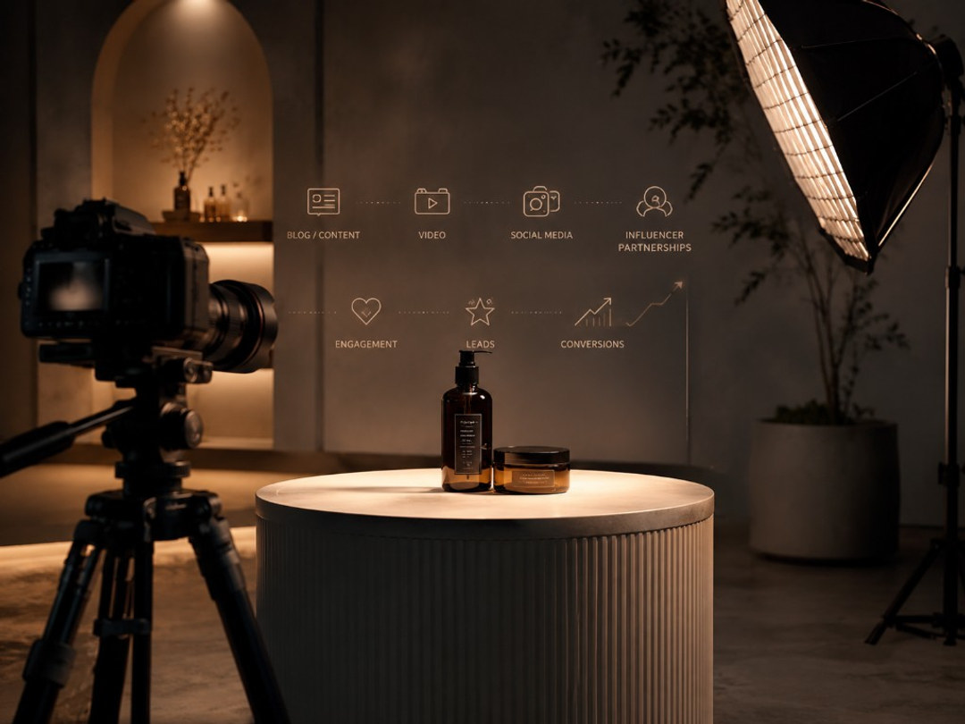 Product photography setup with a camera and softbox light shooting a skincare brand on a pedestal, overlaid with a content funnel: Blog/Content, Video, Social Media, Influencer Partnerships, Engagement, Leads, and Conversions