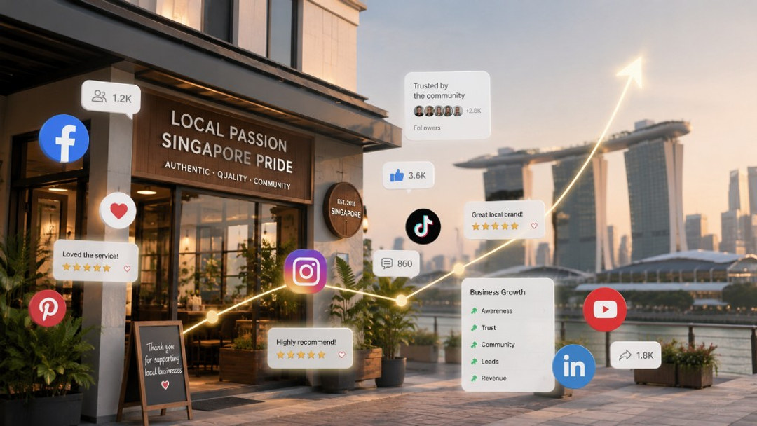 A local Singapore storefront surrounded by social proof — follower counts, likes, comments, five-star reviews, and platform icons like Facebook, Instagram, TikTok, and LinkedIn — with a growth arrow rising toward the Marina Bay skyline